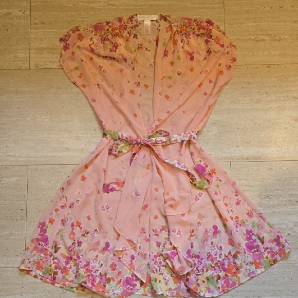 Oscar de la Renta Dresses & Skirts - Oscar de la Renta Pink Label Sheer Pink Floral Tie Waist Tunic Dress/Robe